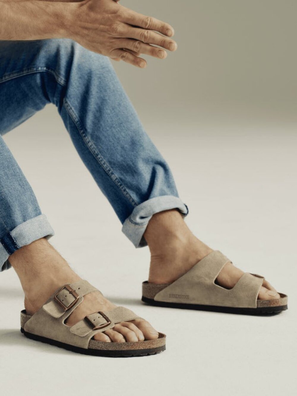 Birkenstock Men Arizona Soft Footbed Suede Sandals in Taupe EU46/US13